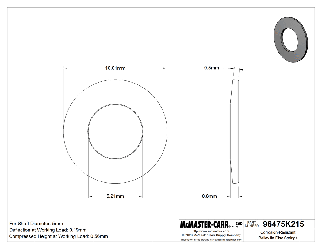 Technical Drawing of Corrosion-Resistant Belleville Disc Springs, for 5 mm Shaft Diameter, 5.200 mm ID, 10 mm OD, 0.5 mm Thick.